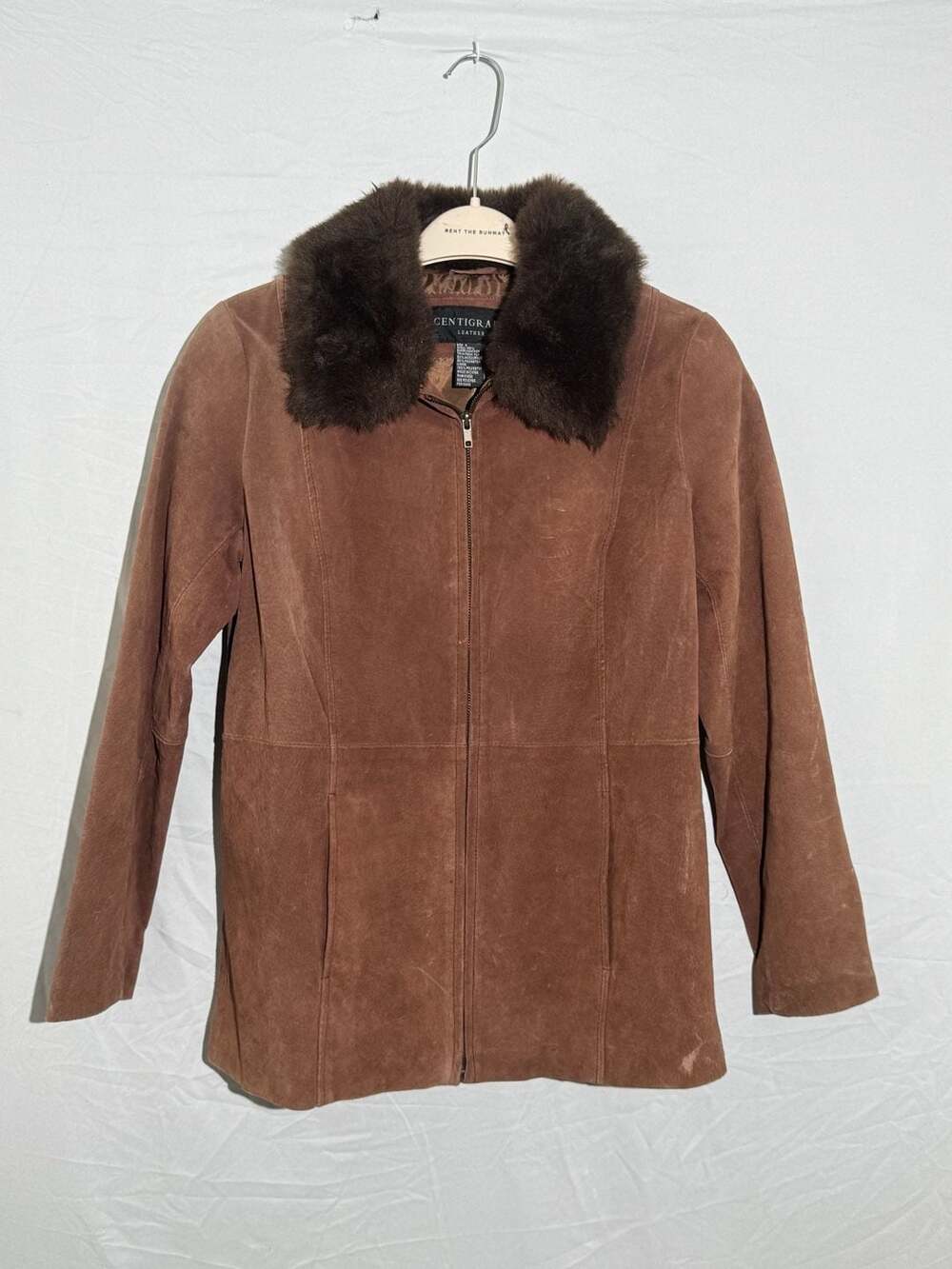 Vintage Centigrade Suede Leather Jacket Faux Fur Collar Brown Zip Small Penny La